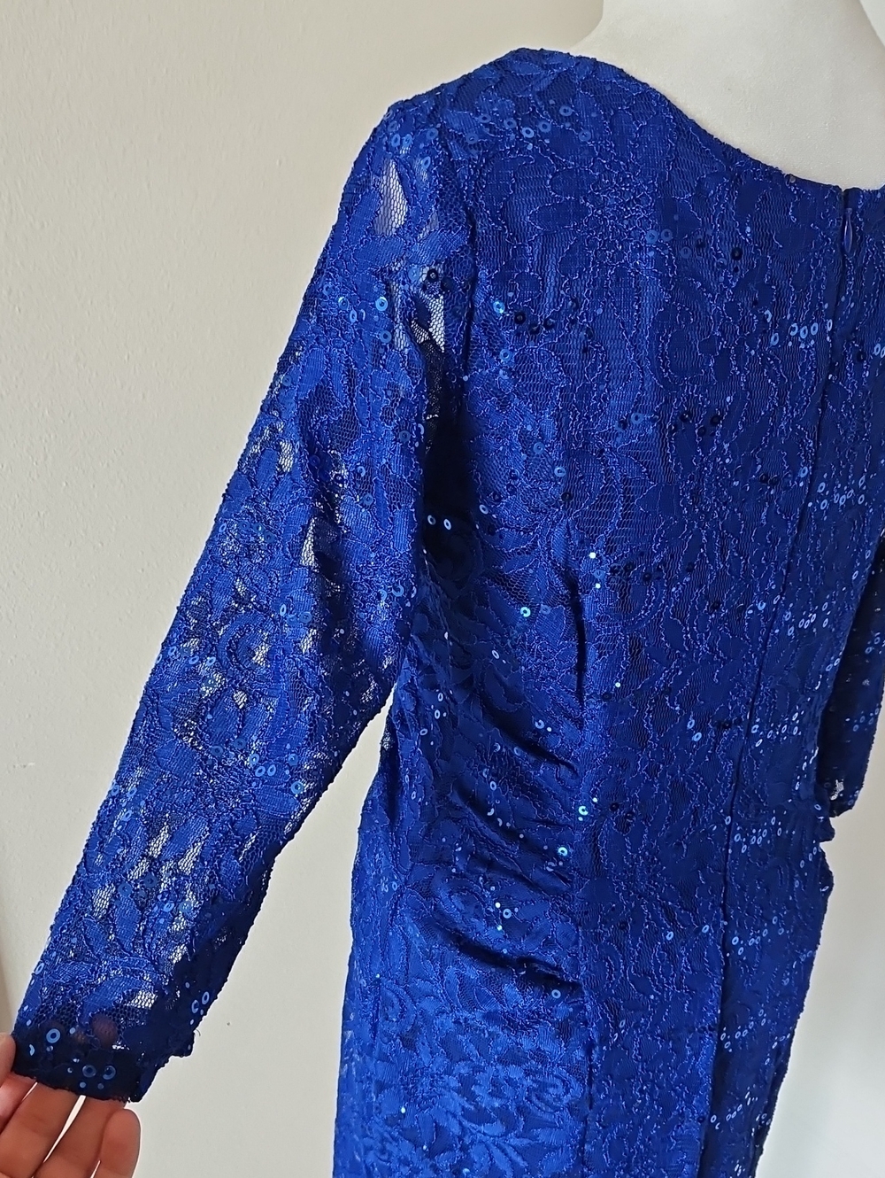 Size 8/10 Royal Blue 3/4 Sleeve Lace/Sequin Ruched Side Cocktail Dress by EVA - Picture 12 of 14
